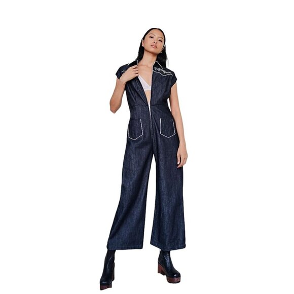 understated leather Pants - Understated Leather Keep on Keepin on Jumpsuit Size Large Denim Wide Leg Blue